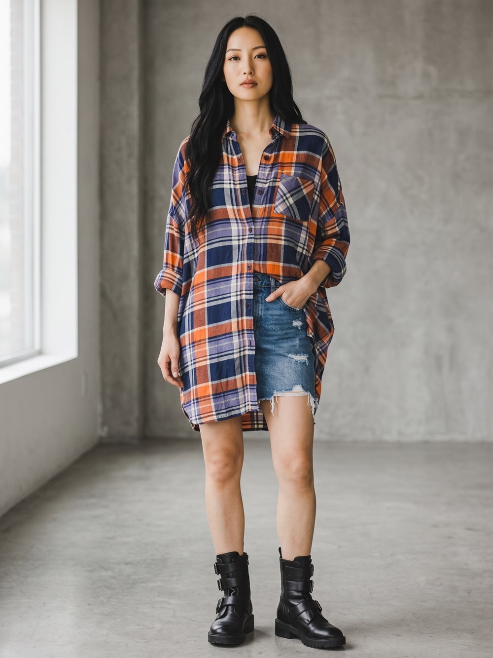 Boyfriend Oversized Plaid Button Down Tunic with Pockets